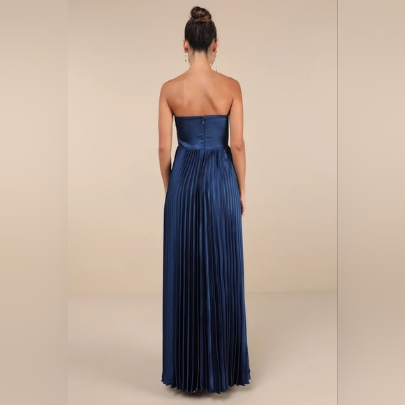 Lulus Perfected Elegance Navy Blue Satin Pleated Strapless Maxi Dress M Wedding - Picture 5 of 9